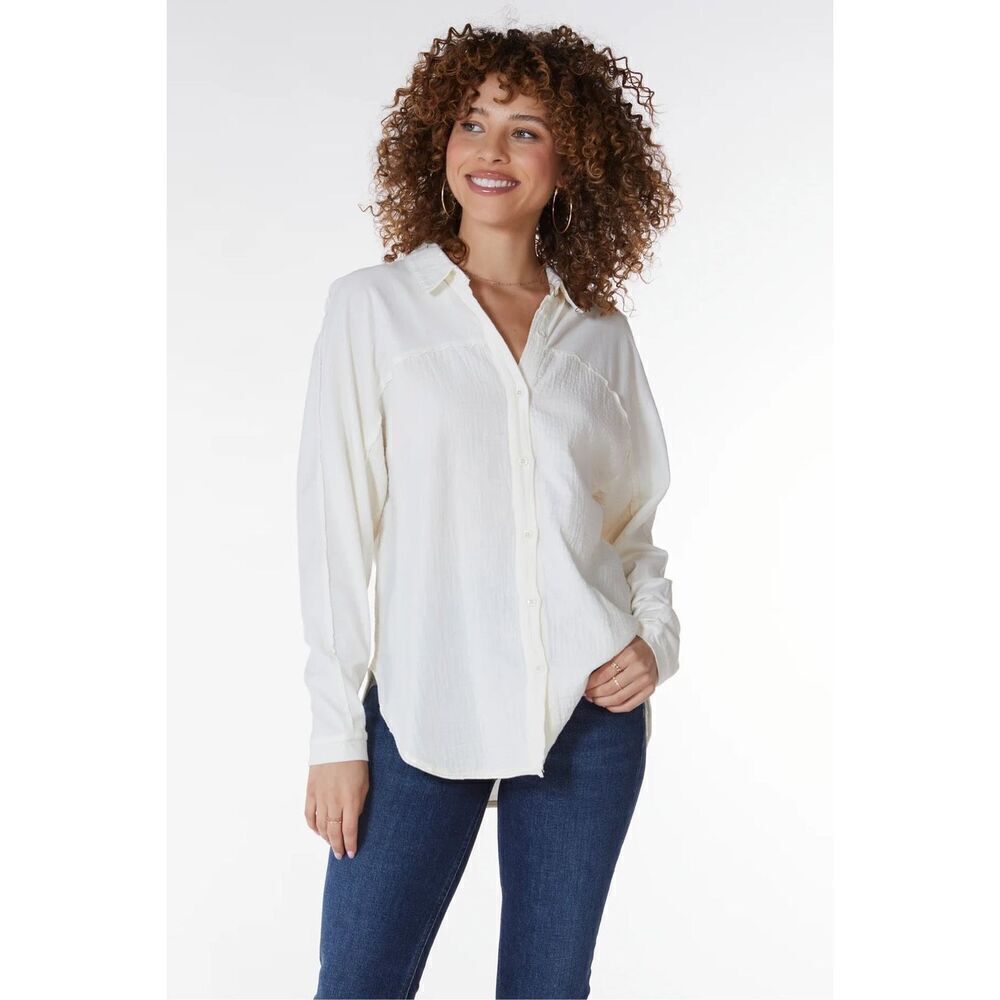 Bobi Button Down Mixed Collar Shirt in Macadamia Size XL